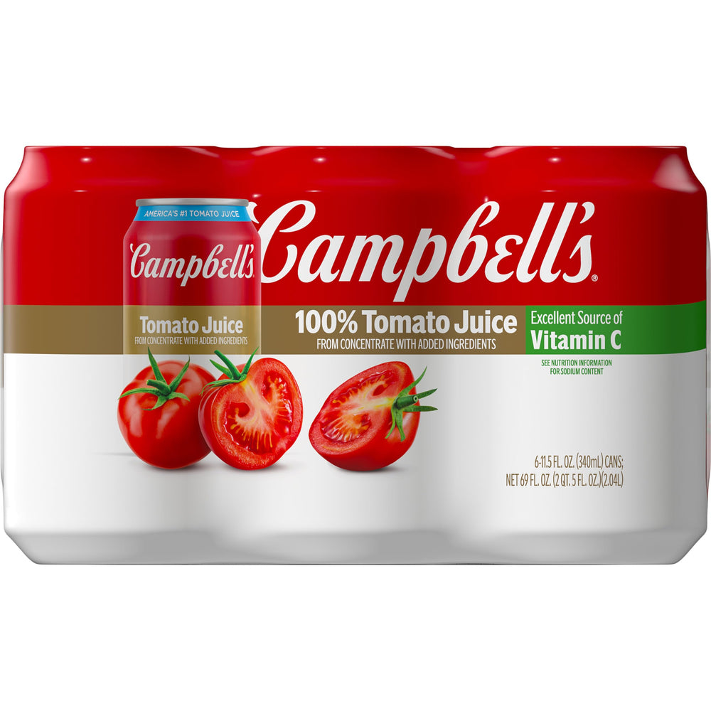 Campbell's 100% Tomato Juice 6-pack can front, ideal for quick meals
