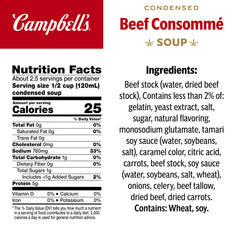 Campbells Beef Consomme can back label highlights convenient stock for quick meals.