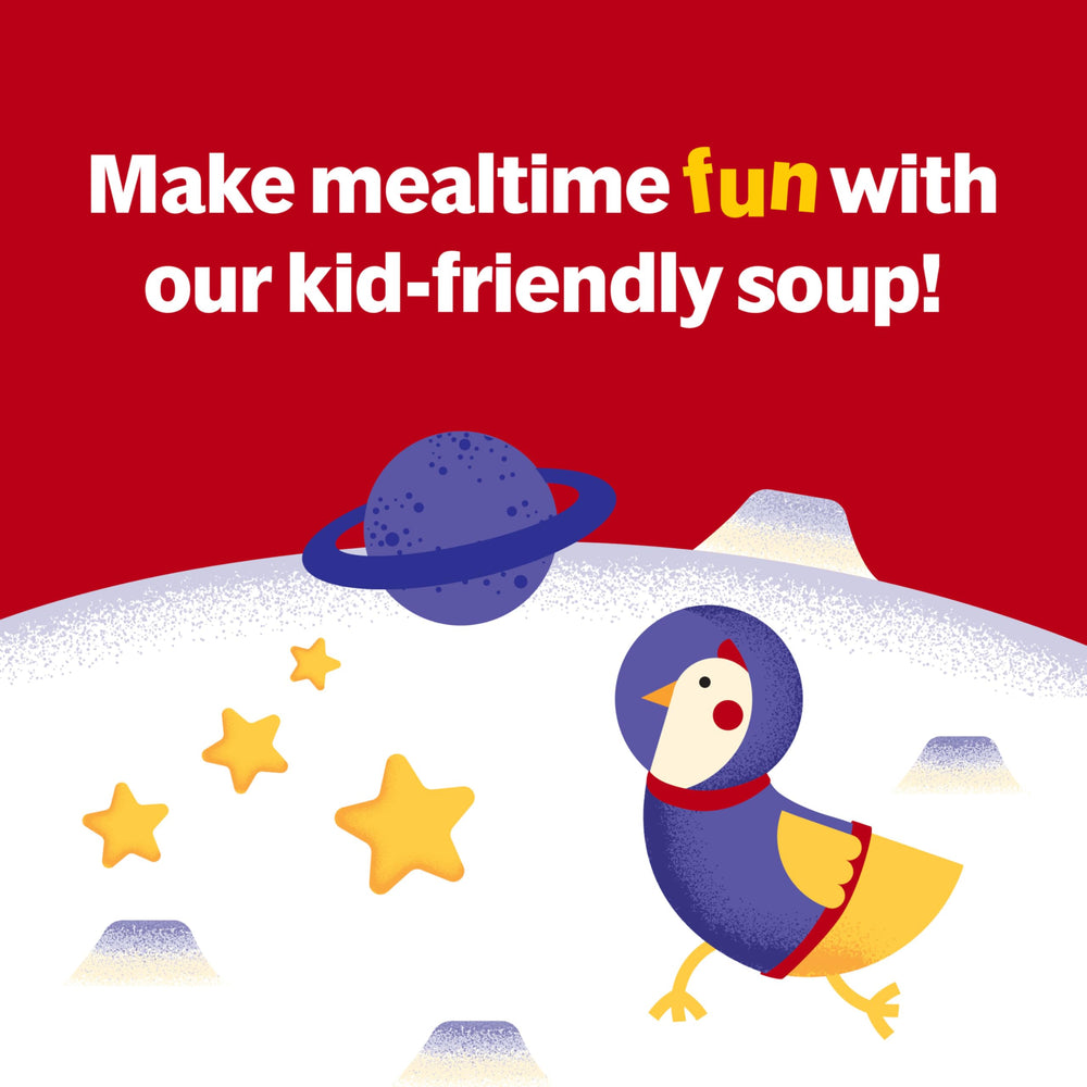 Campbell’s Chicken and Stars broth close-up emphasizes comforting aroma.