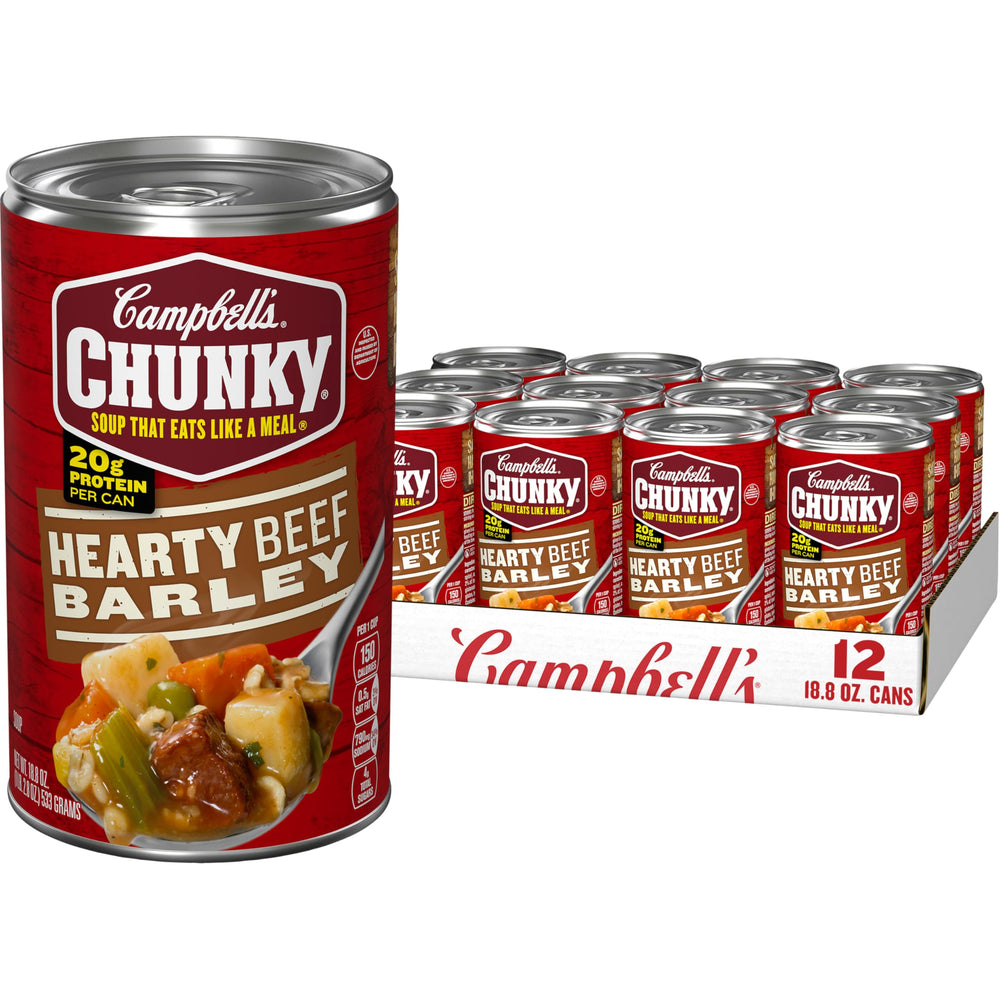 Campbell’s Chunky Beef and Barley can with portable meal option for on-the-go lunches