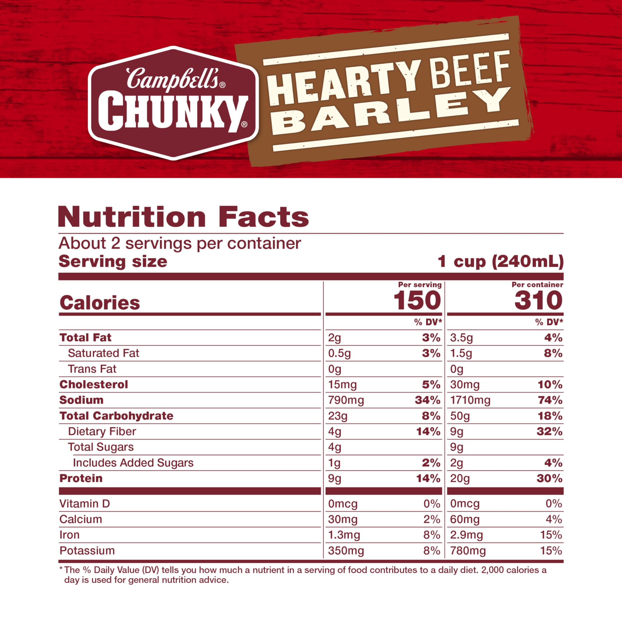 Steaming bowl of Campbell’s Chunky Beef and Barley showing hearty texture and protein