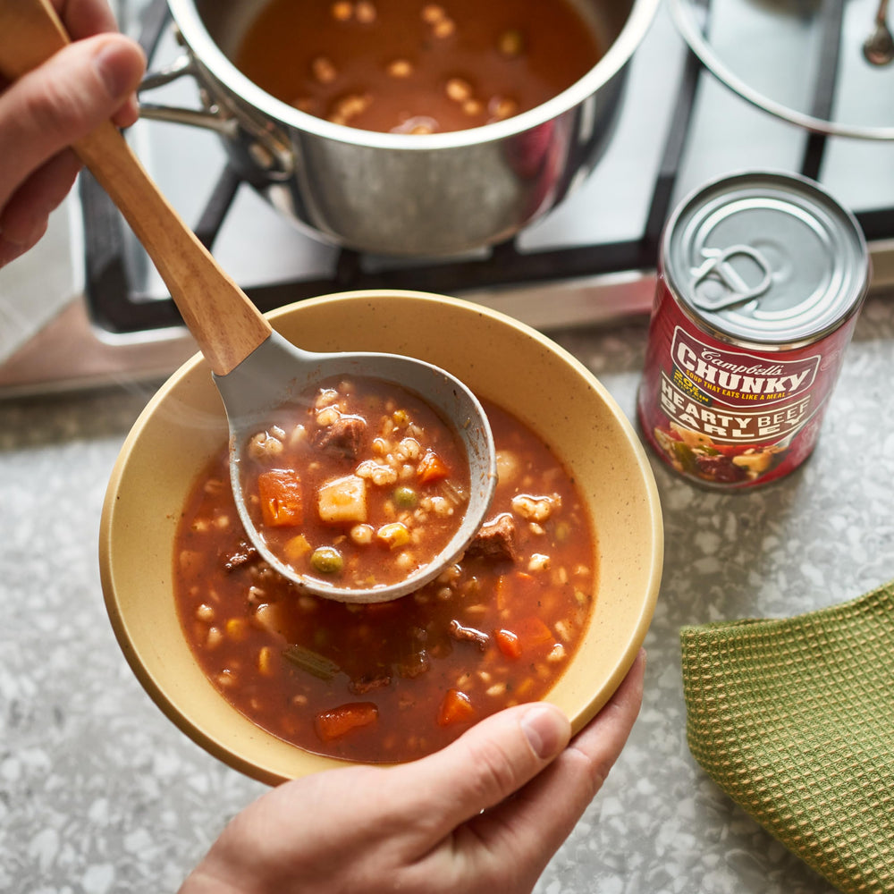 Toasted barley and vegetables in Campbell’s Chunky Beef and Barley add texture