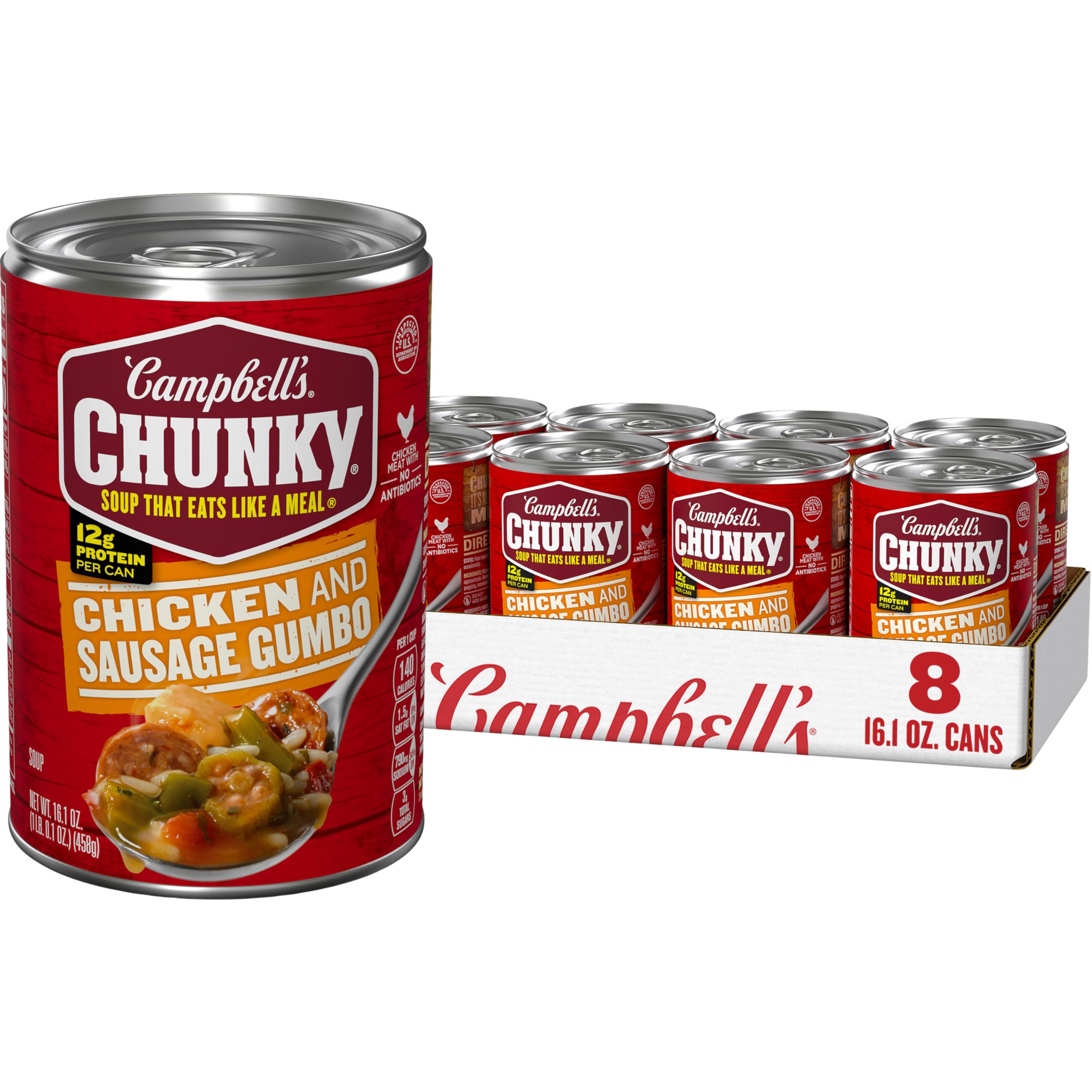 Campbell’s Chunky Gumbo can with visible chicken chunks, ideal for a quick, hearty meal.