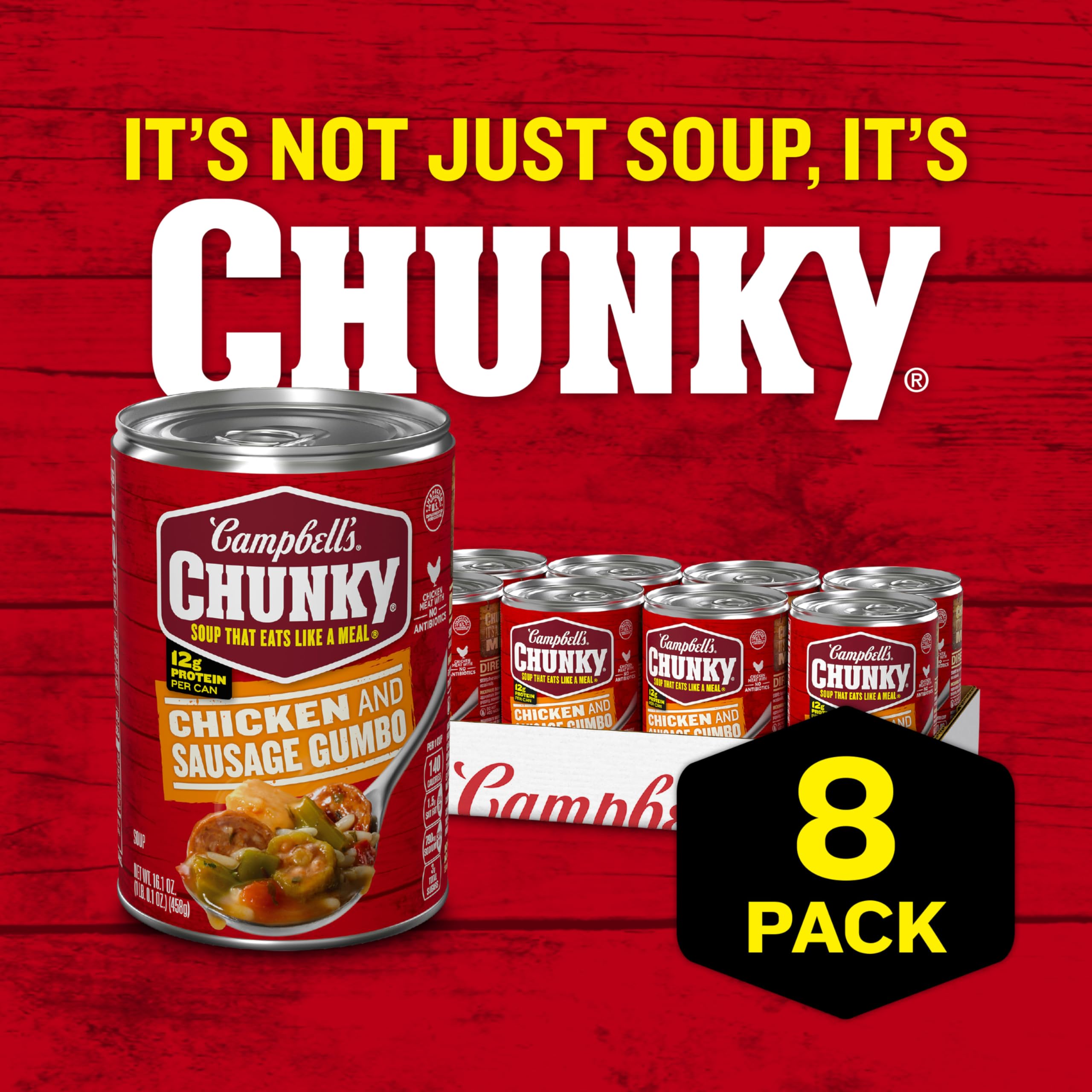 Campbell’s Chunky Gumbo poured over rice close-up, suggesting a heartier meal option.