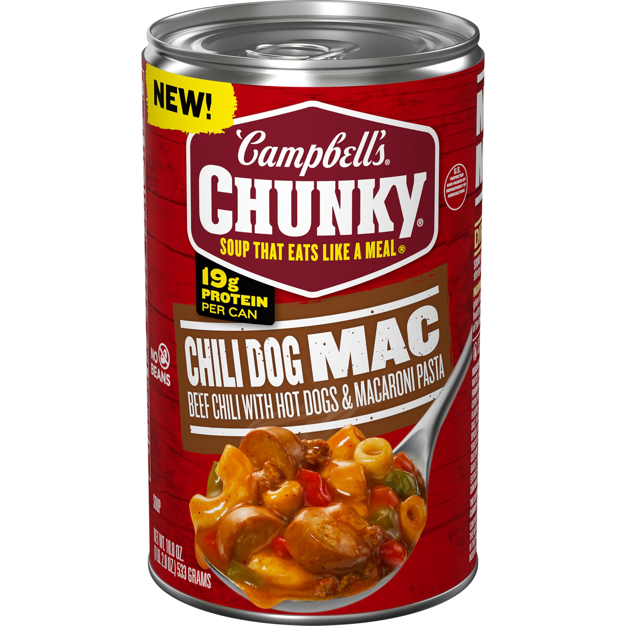 Campbell's Chunky Chili Dog Mac Soup can on shelf, ready for a hearty meal.