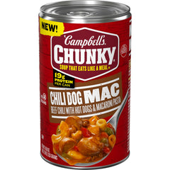 Campbell's Chunky Chili Dog Mac Soup can on shelf, ready for a hearty meal.