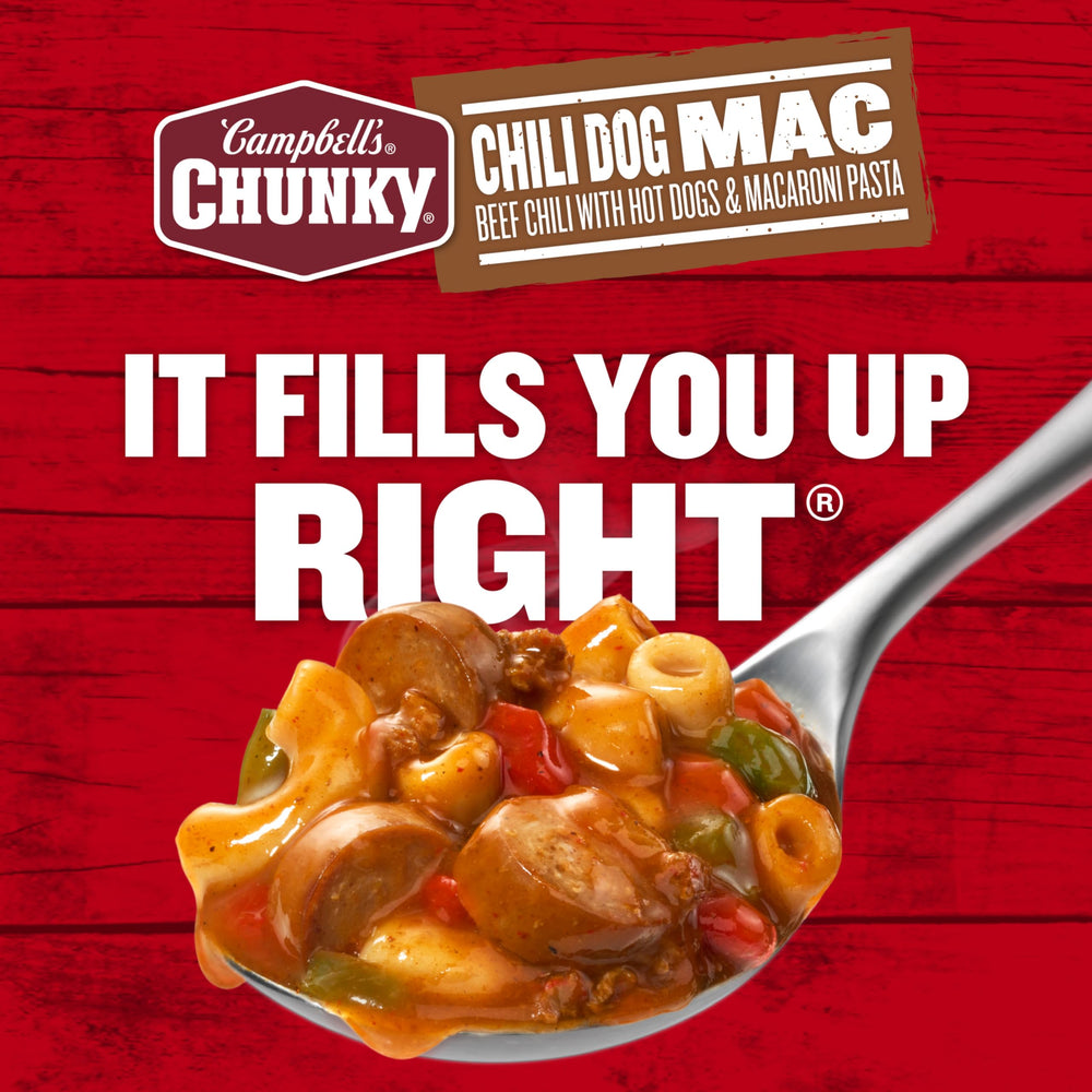 Microwaved serving of Campbell's Chunky Chili Dog Mac for a quick weeknight dinner.