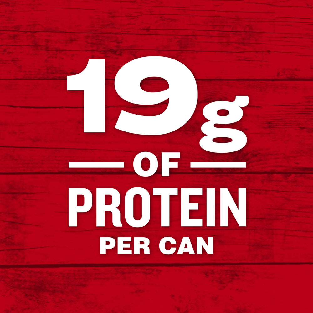 Nutrition label highlights 19g of protein per can in Campbell's Chunky Chili Dog Mac.