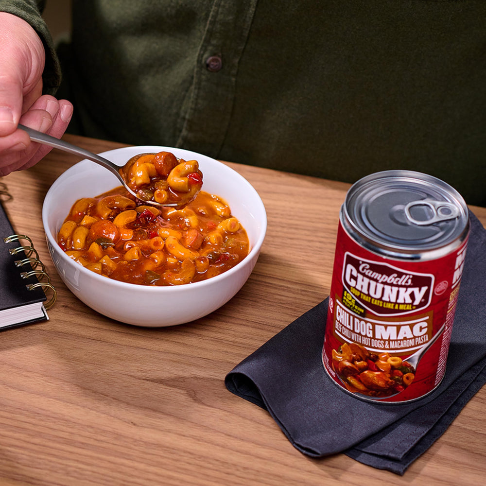 Steaming bowl of Campbell's Chunky Chili Dog Mac Soup ready to enjoy.