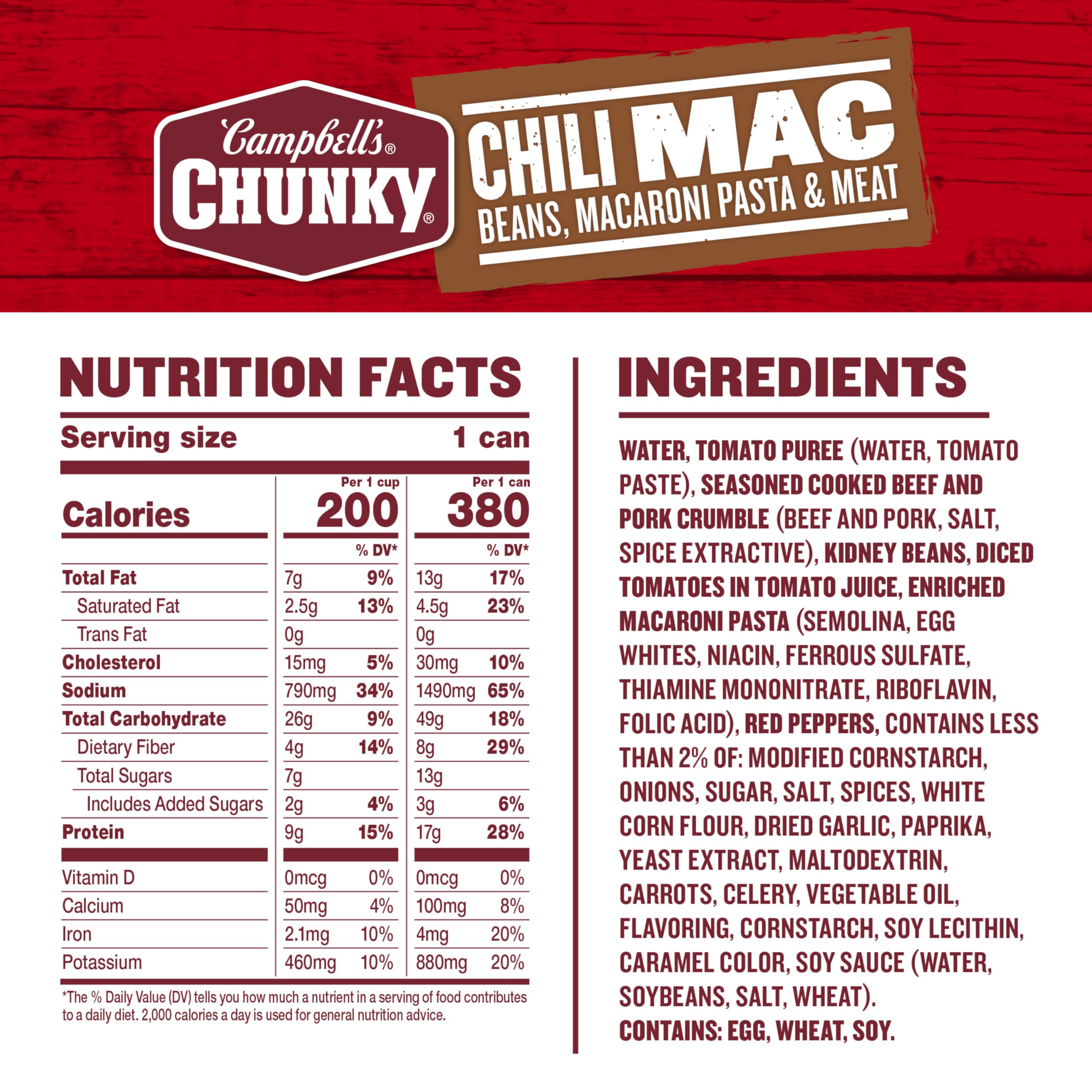Campbell's Chunky Chili Mac ingredients include beef, pork crumble, beans, pasta, and tomatoes for flavor