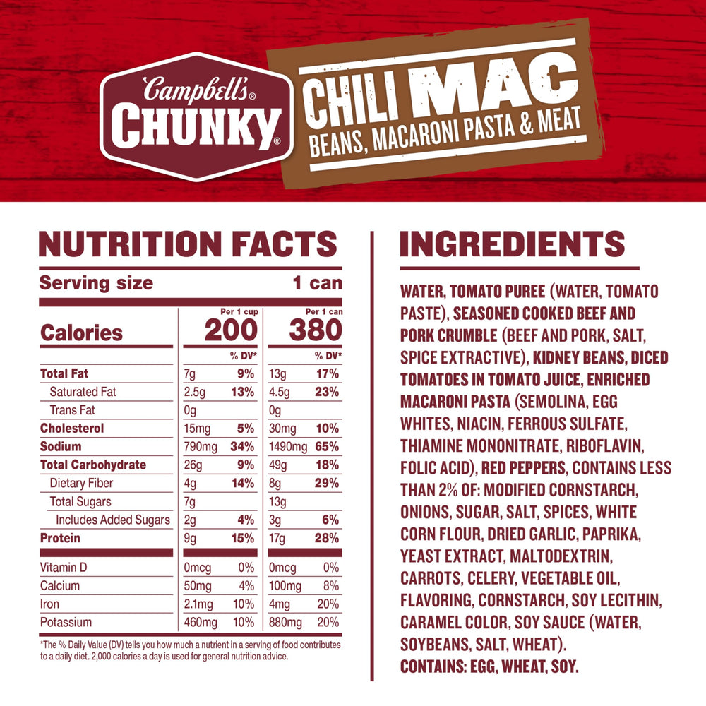 Campbell's Chunky Chili Mac ingredients include beef, pork crumble, beans, pasta, and tomatoes for flavor