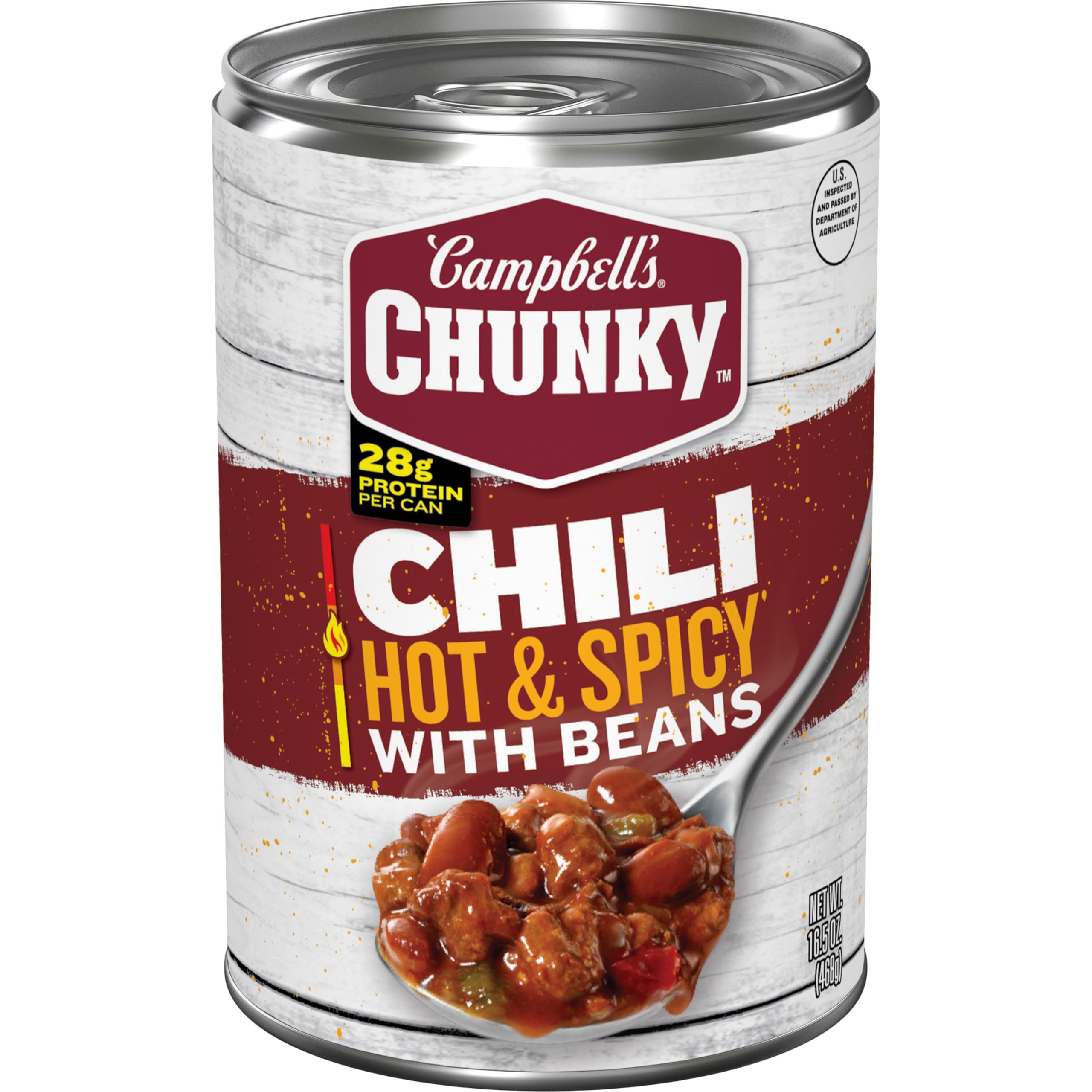 Campbell's Chunky hot and spicy chili with beans in a can, ready to heat for a hearty meal.