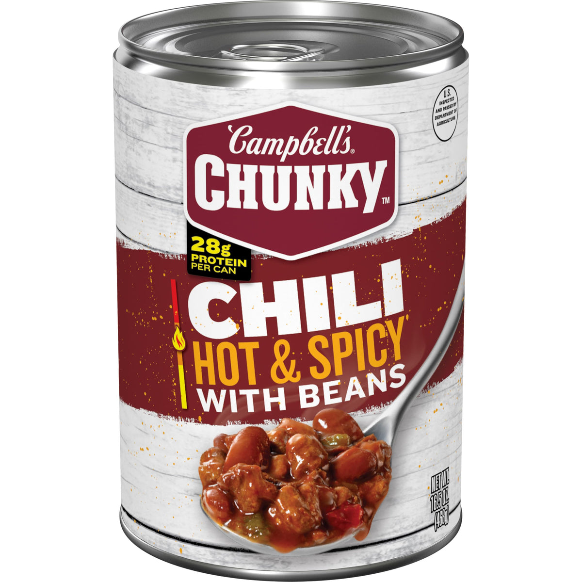 Campbell's Chunky hot and spicy chili with beans in a can, ready to heat for a hearty meal.