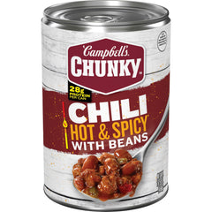 Campbell's Chunky hot and spicy chili with beans in a can, ready to heat for a hearty meal.