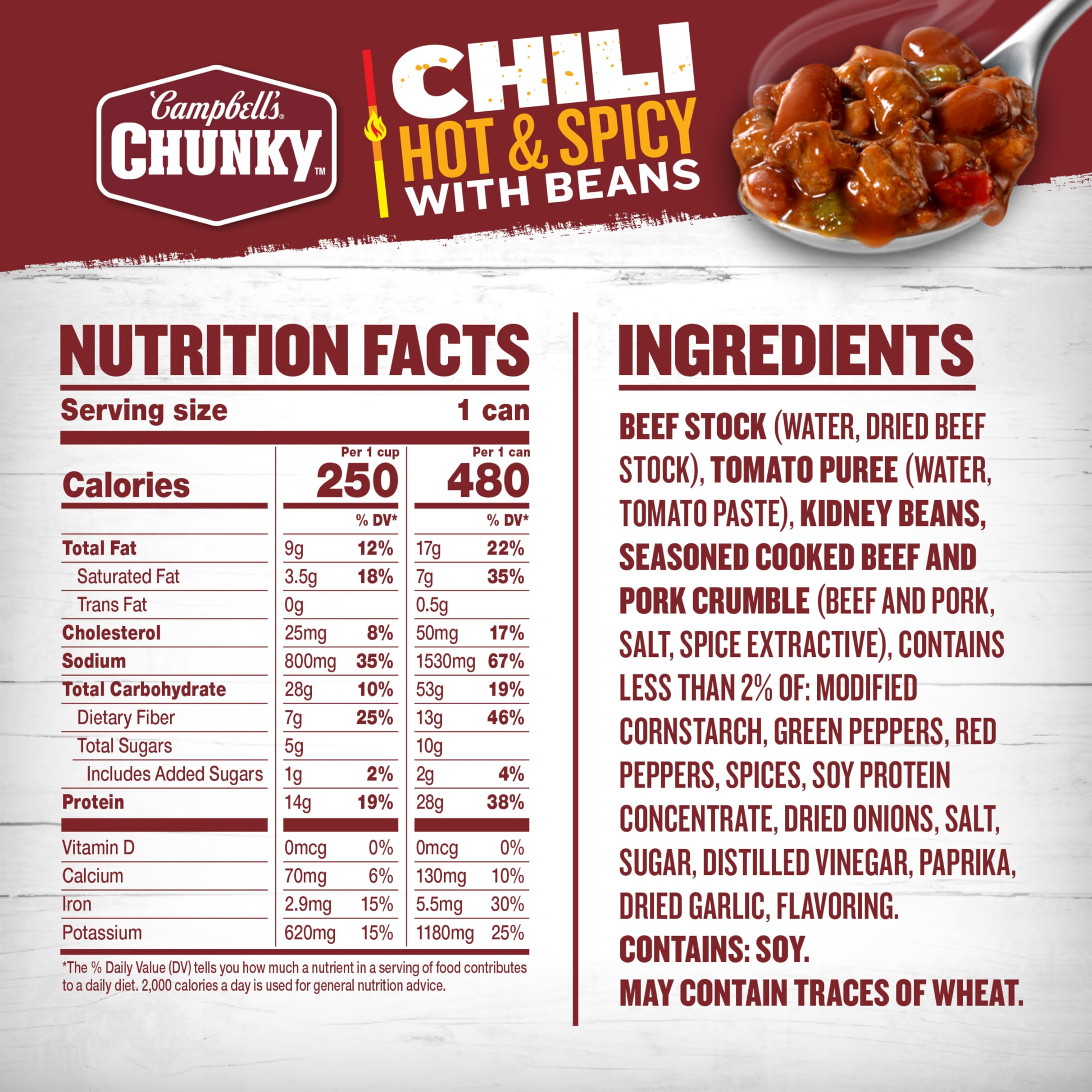 Campbell's Chunky hot and spicy chili with beans in a steaming bowl, bold flavor on display.