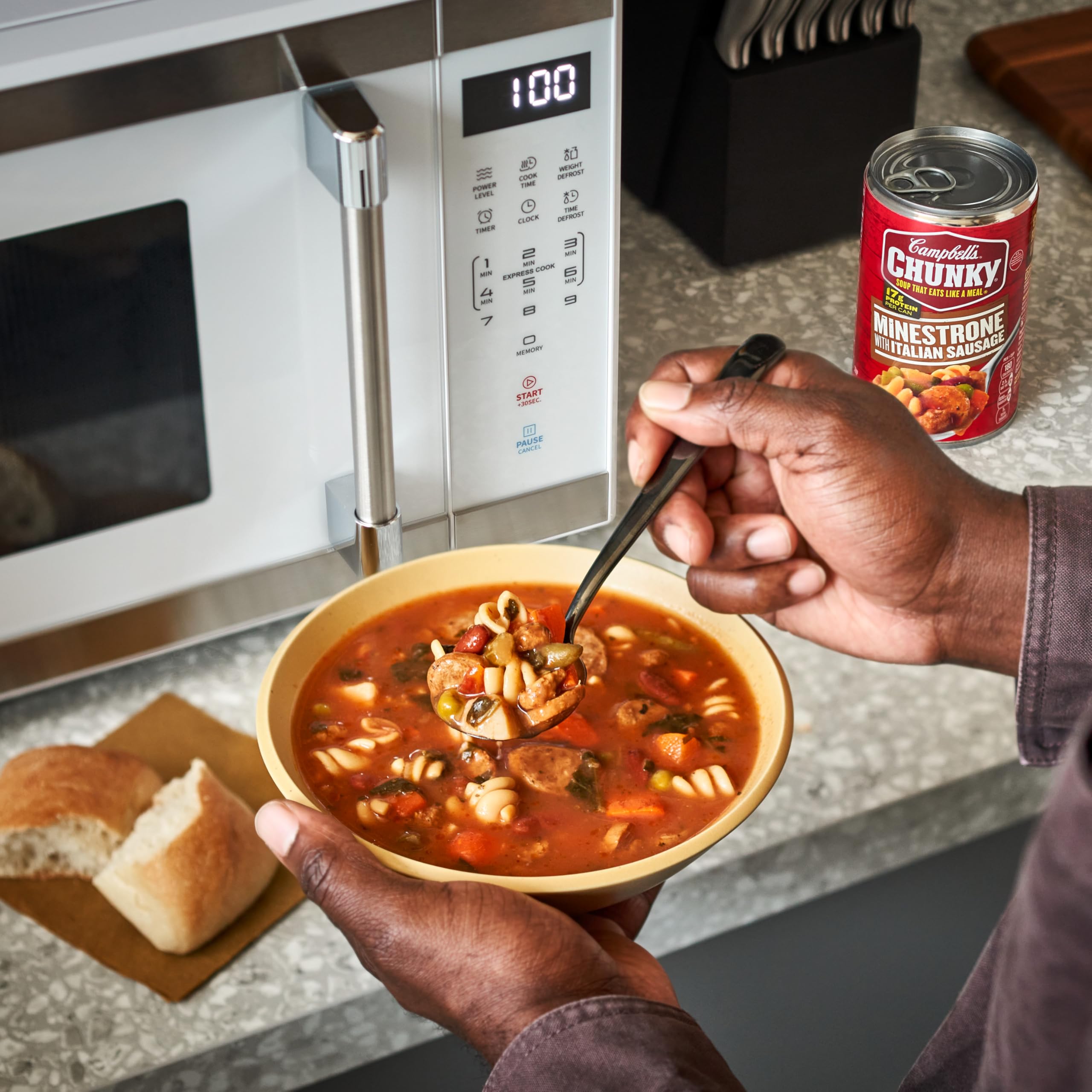 Campbell's Chunky Minestrone with Italian Sausage close-up of pasta, potatoes and beans