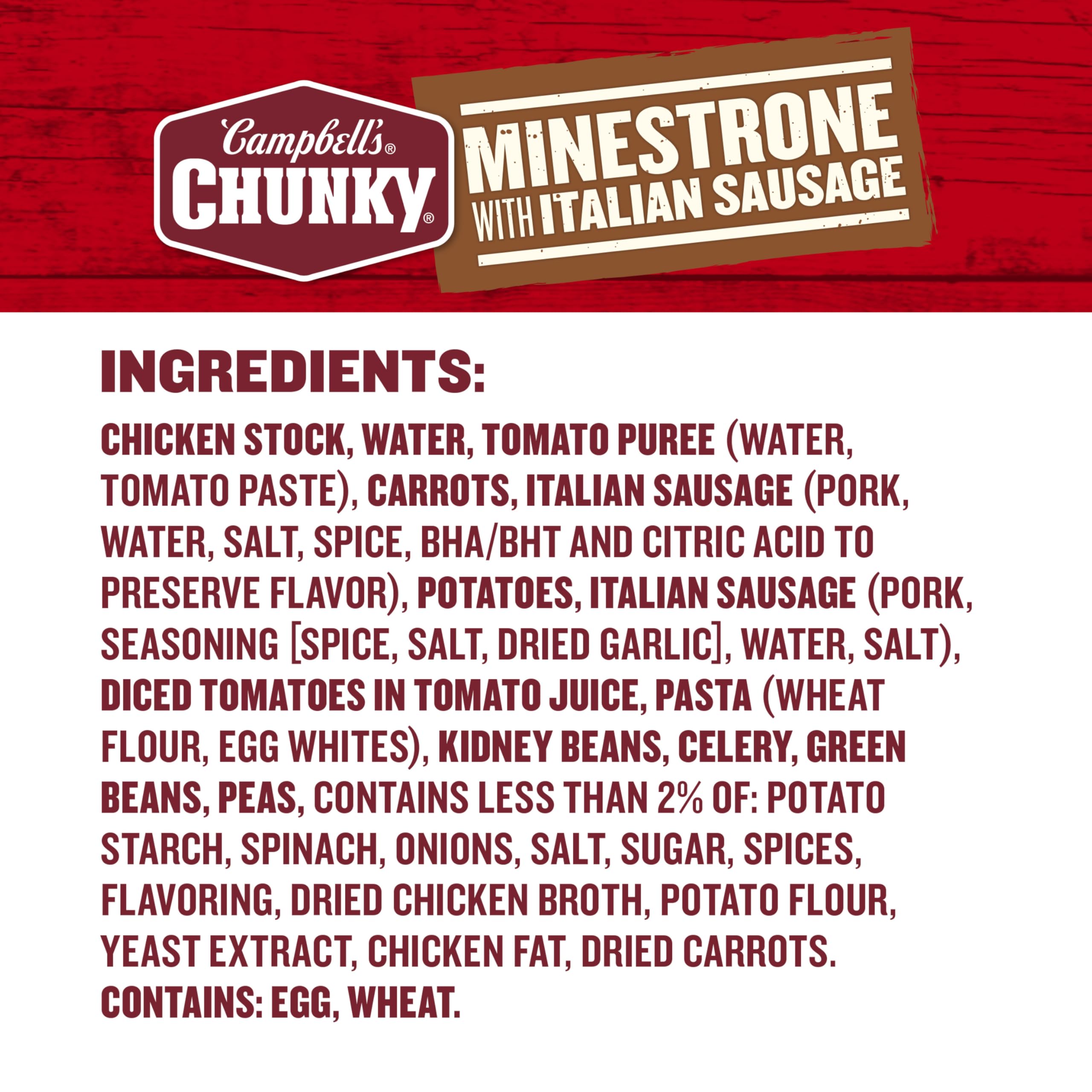 Campbell's Chunky Minestrone with Italian Sausage close-up of tomatoes and veggies, protein-rich