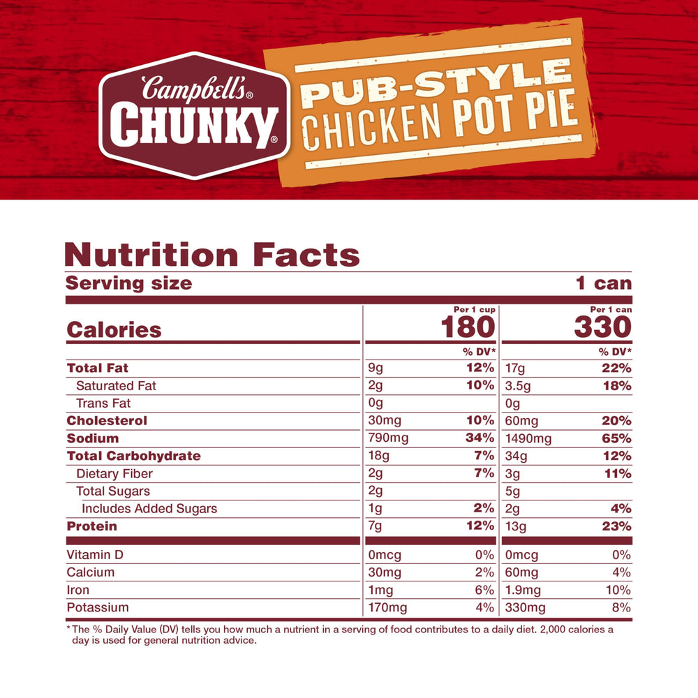 Campbell’s Chunky Pub-Style can nutrition panel highlights protein per serving.