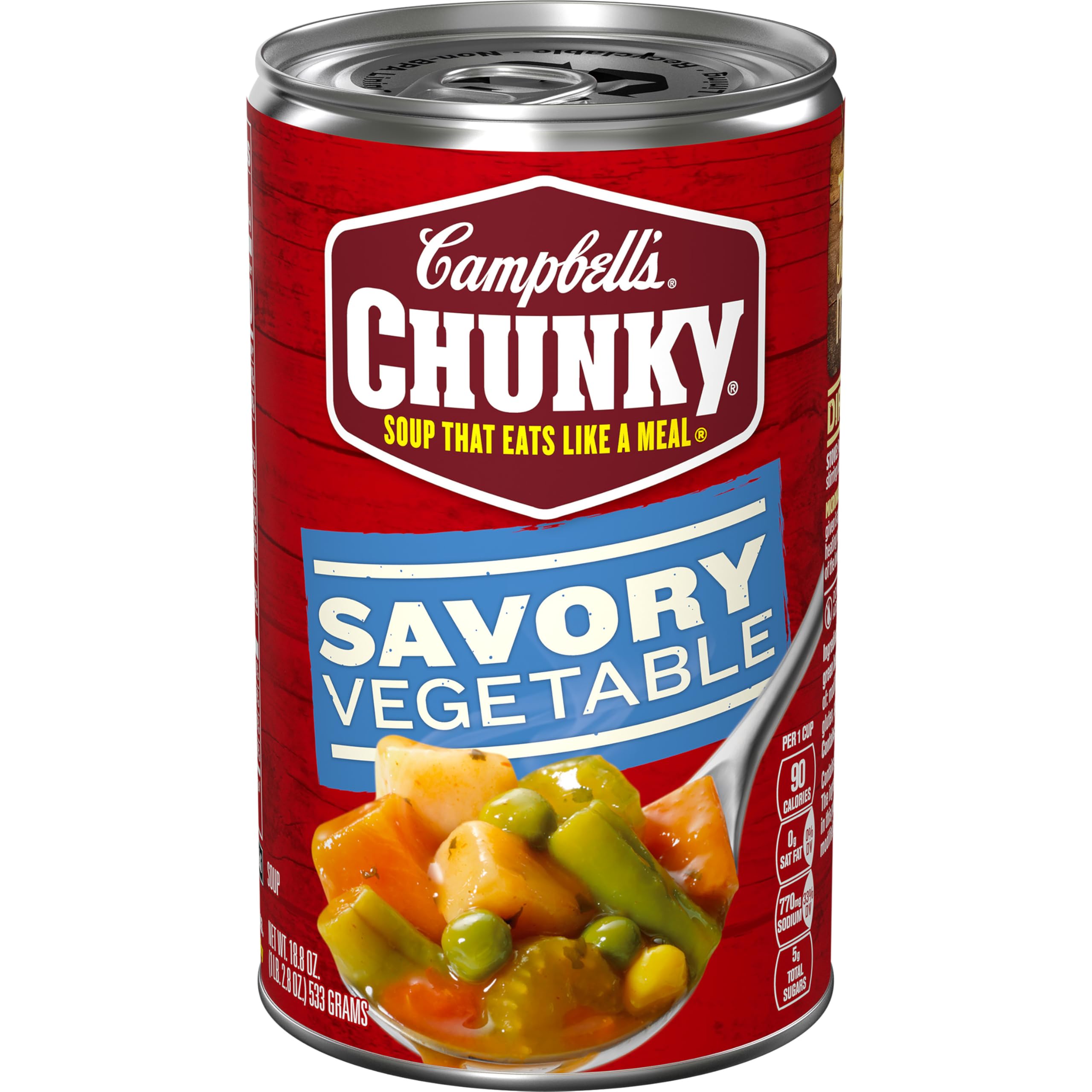 Campbell's Chunky Savory Vegetable Soup can front view for a hearty quick meal.