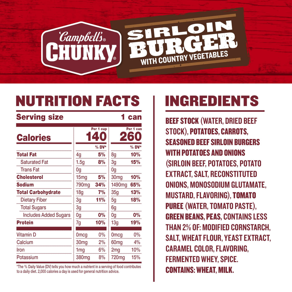 Campbell’s Chunky Sirloin Burger with Country Vegetables Soup ingredients closeup, showcasing beef and vegetables.