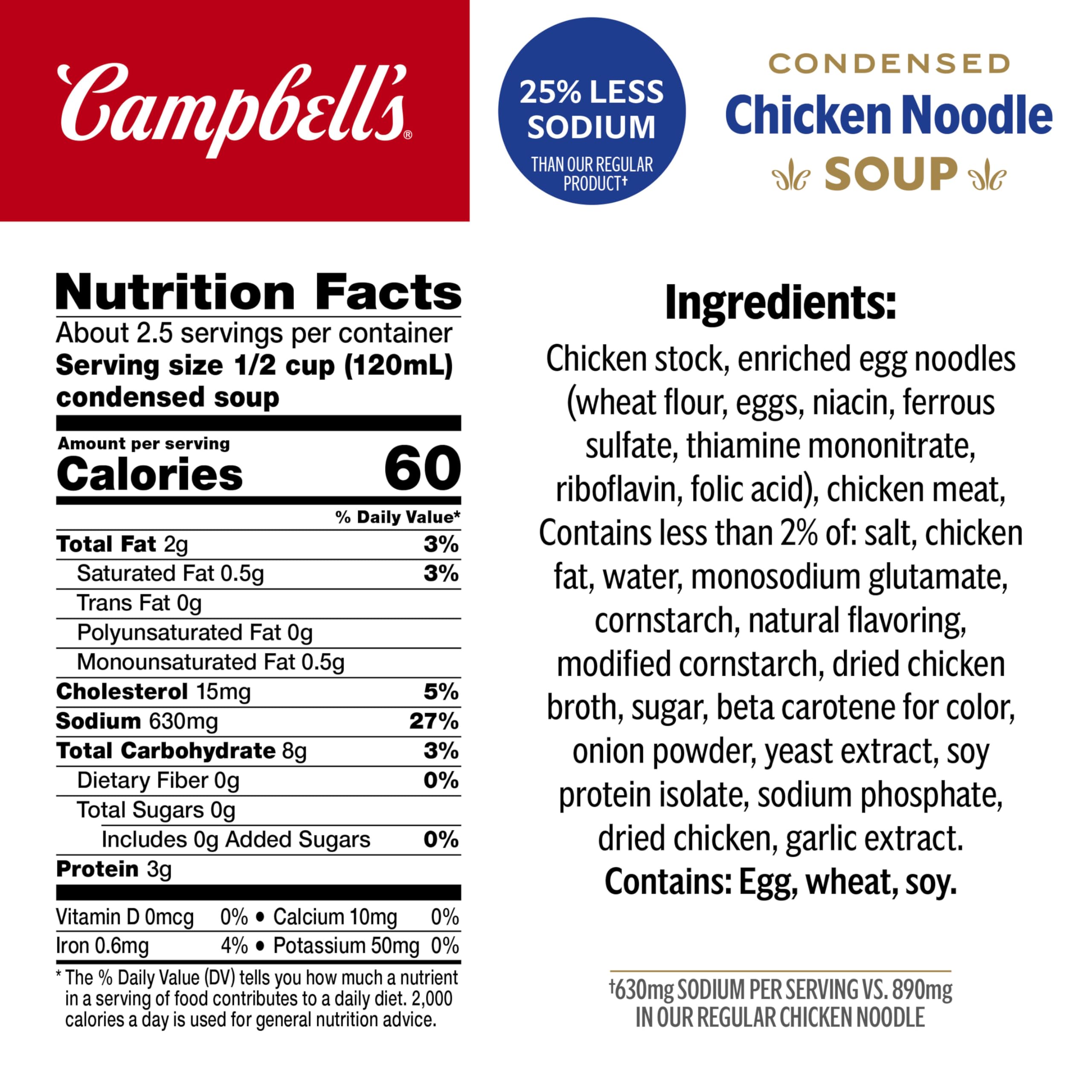 Campbell's condensed chicken noodle soup can closeup showing broth and noodles
