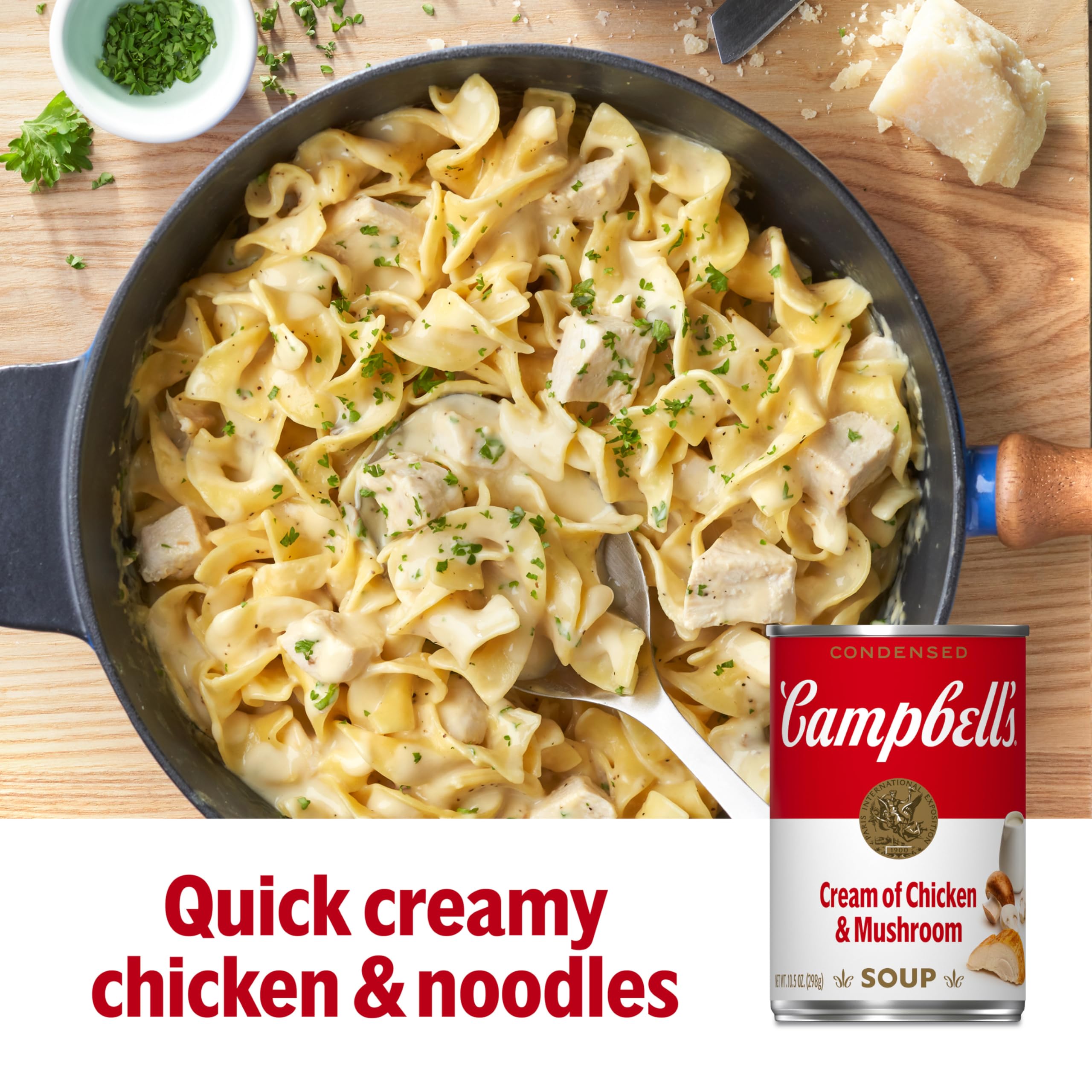 Close-up of Campbell's Cream of Chicken and Mushroom Soup label, highlighting antibiotic-free chicken stock