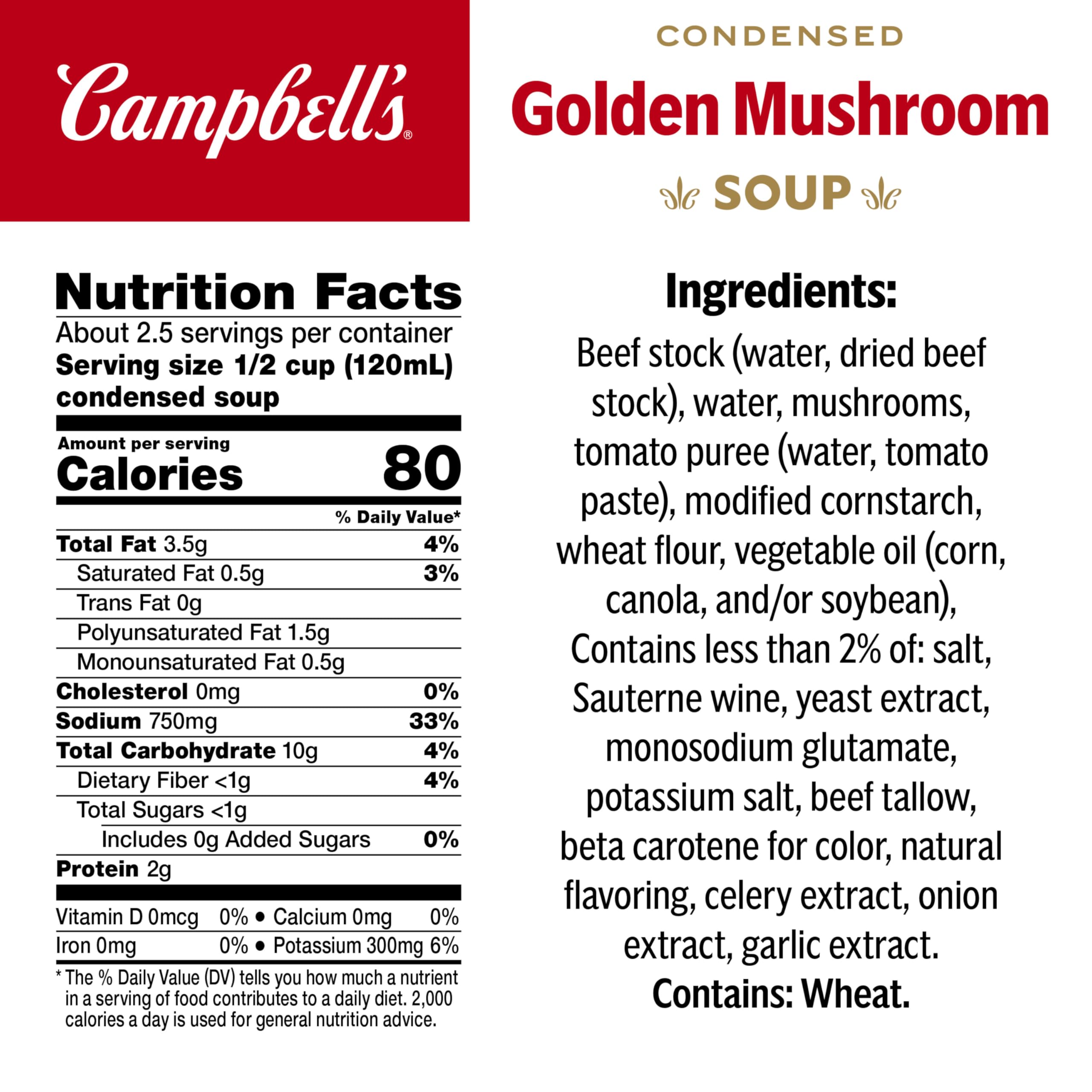 Ingredients of Campbell's Golden Mushroom Soup highlight mushrooms and stock for depth