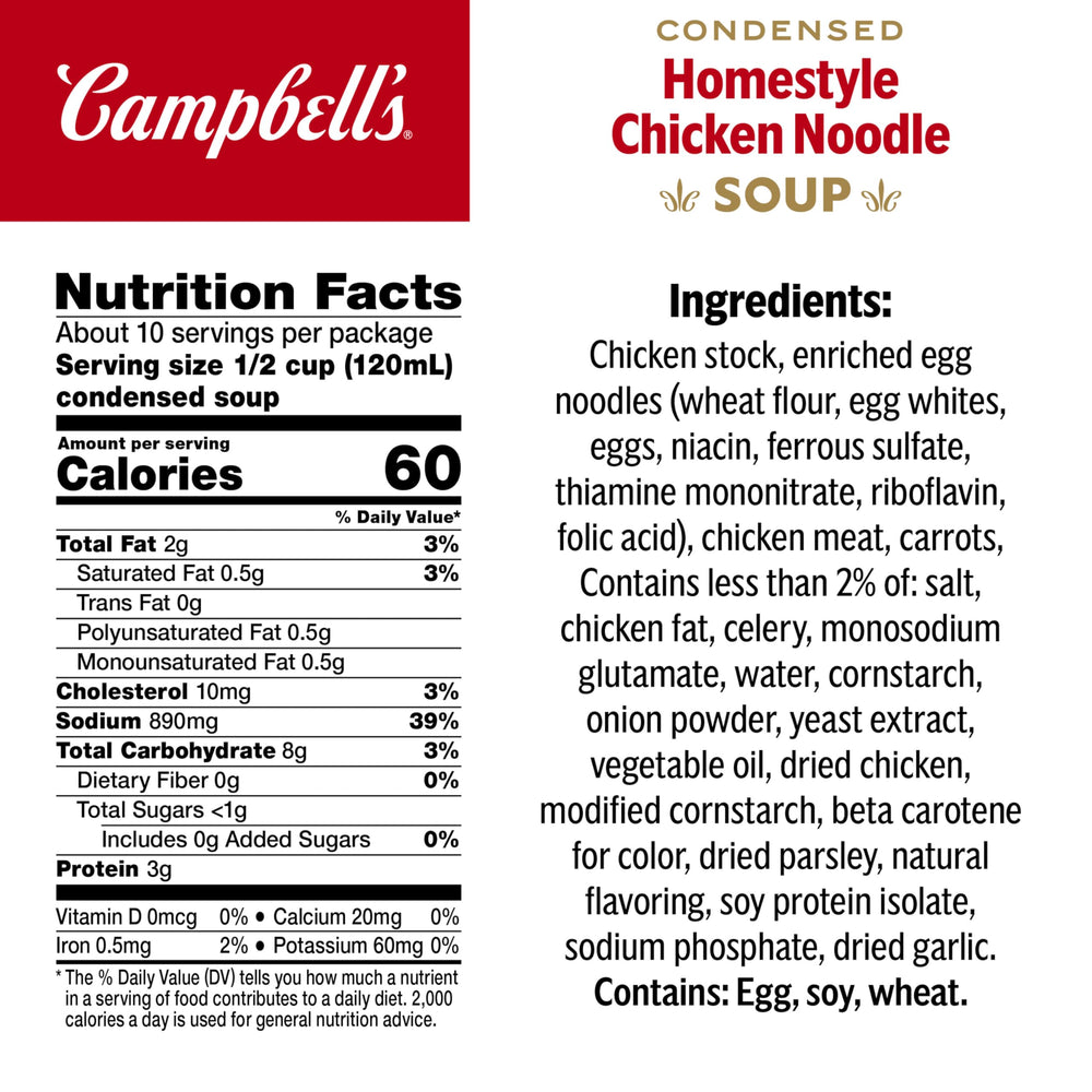 Campbell's Homestyle Chicken Noodle Soup back-label close-up showing ingredients and nutrition.
