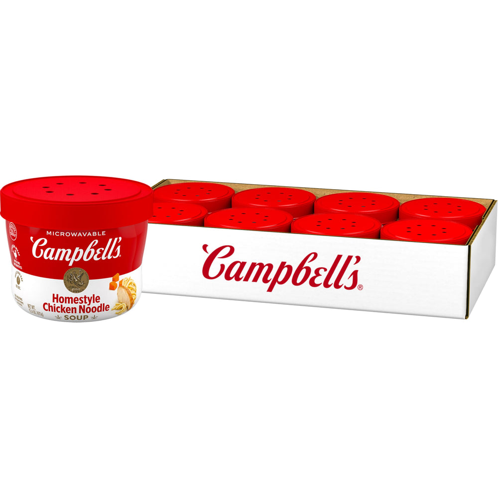 Campbell's Homestyle Chicken Noodle Soup bowl front view highlighting hearty ingredients for a comforting meal