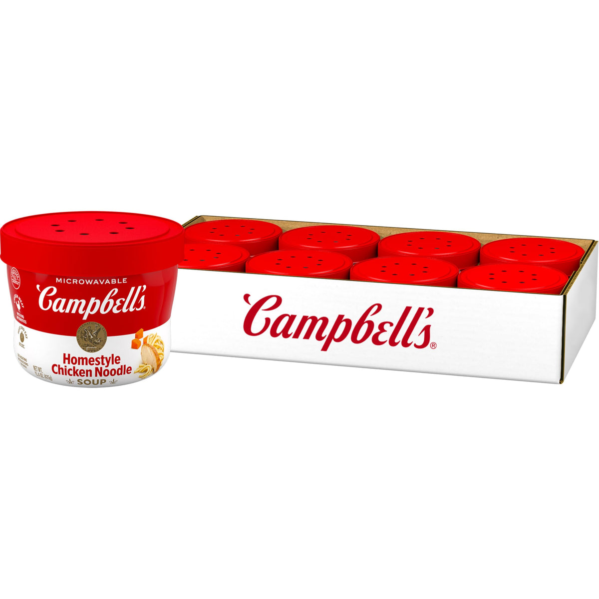 Campbell's Homestyle Chicken Noodle Soup bowl front view highlighting hearty ingredients for a comforting meal
