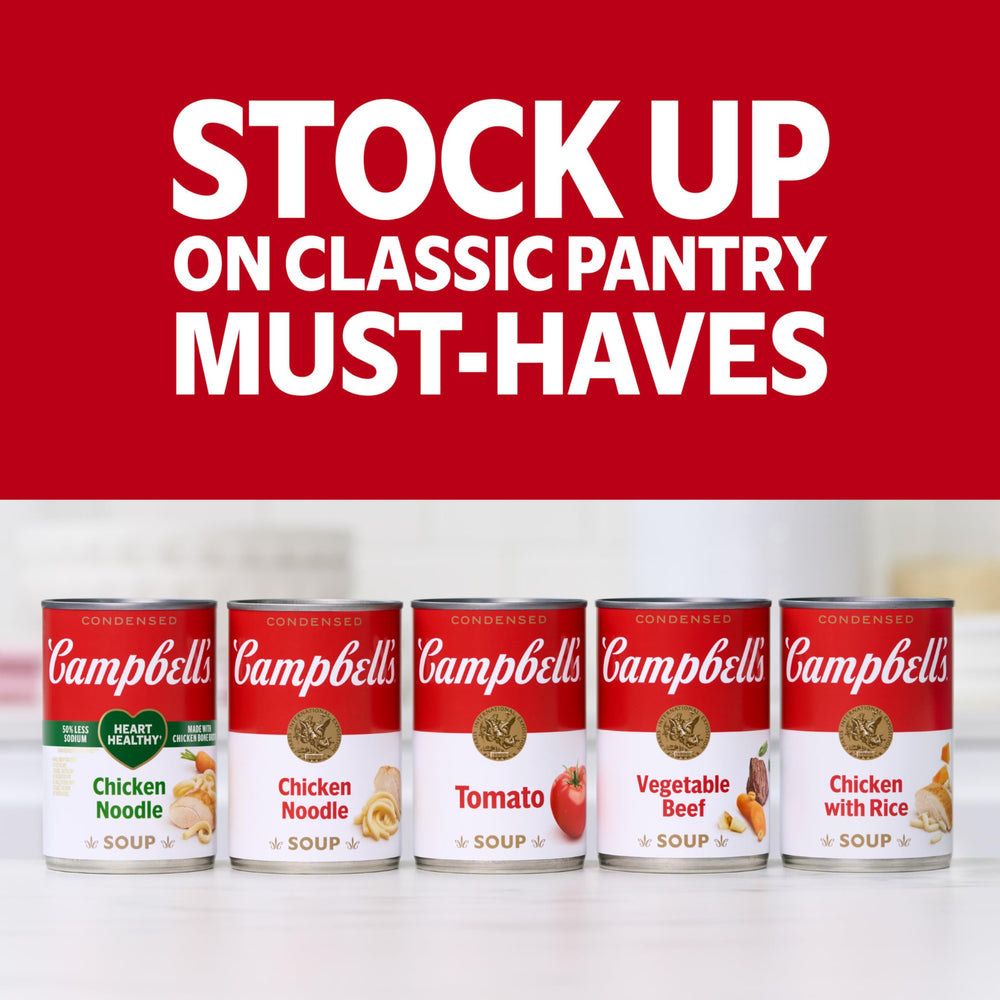 Campbell's Homestyle Chicken Noodle Soup pantry-ready cans stacked for family meals.