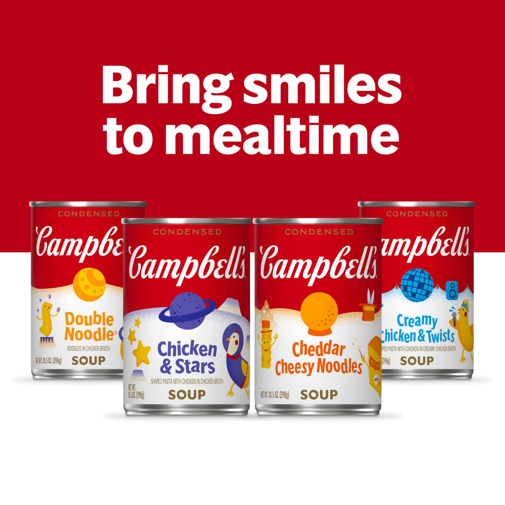Campbell’s Kids Chicken and Stars serving bowl with crackers, family-friendly meal.