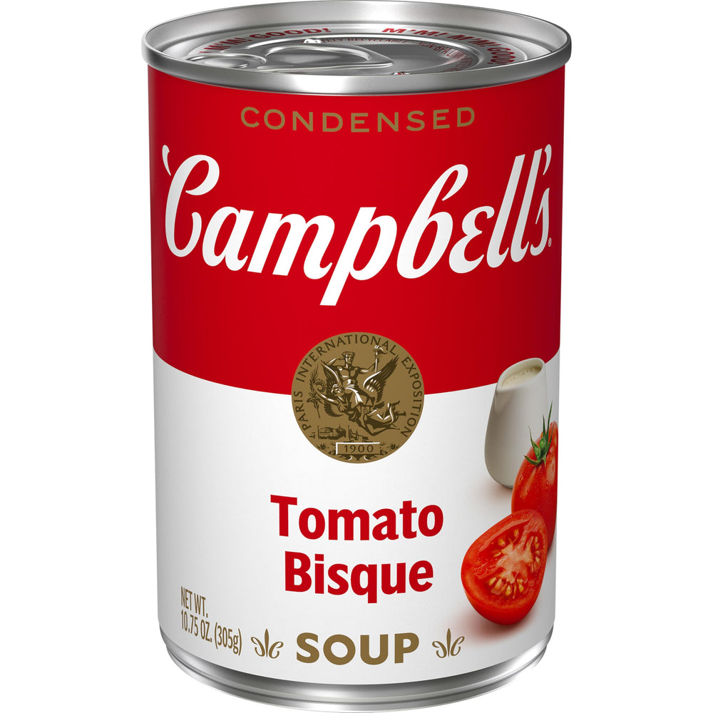 Campbell's Tomato Bisque can front view with comforting warmth