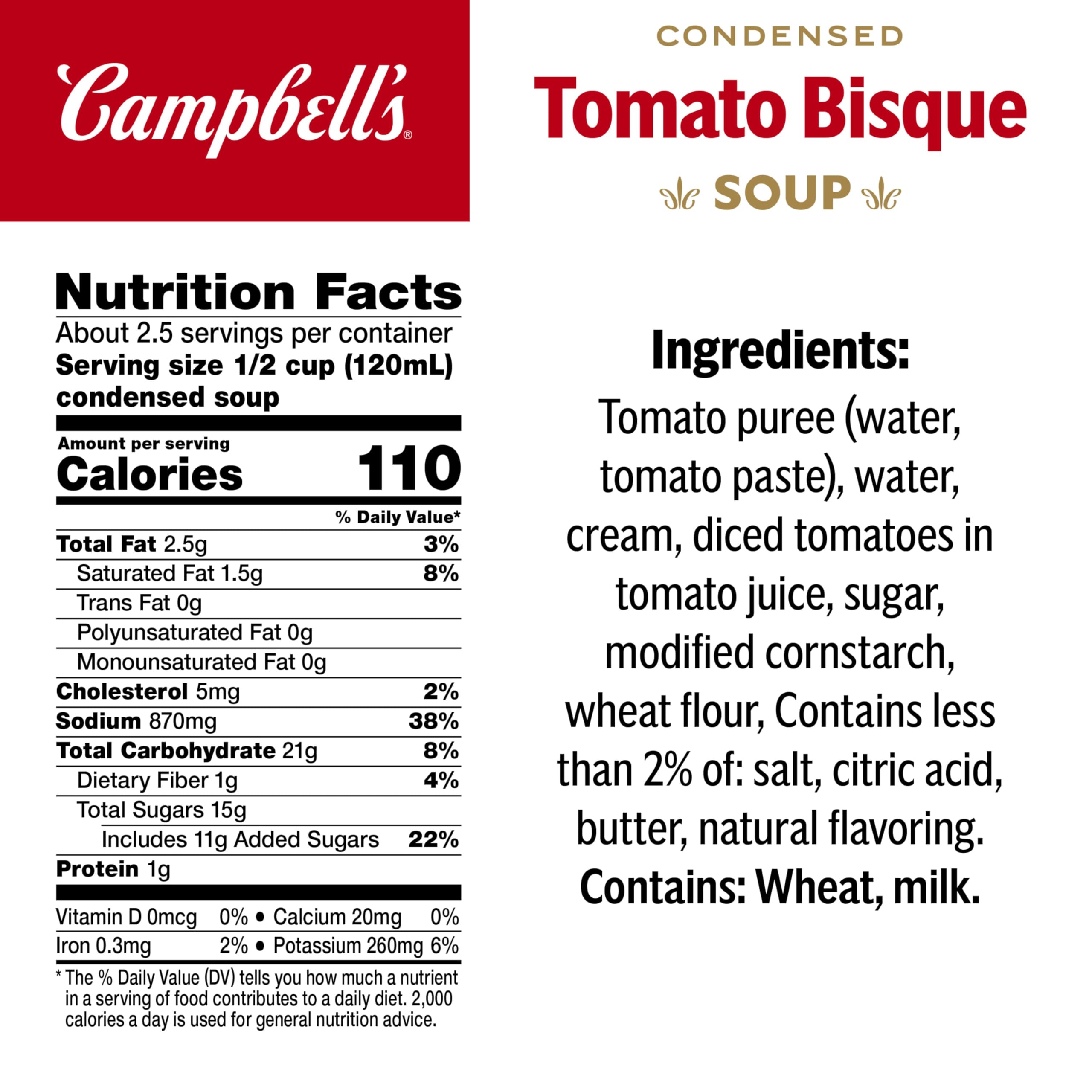 Campbell's Tomato Bisque can nutrition panel shows veggie serving per cup