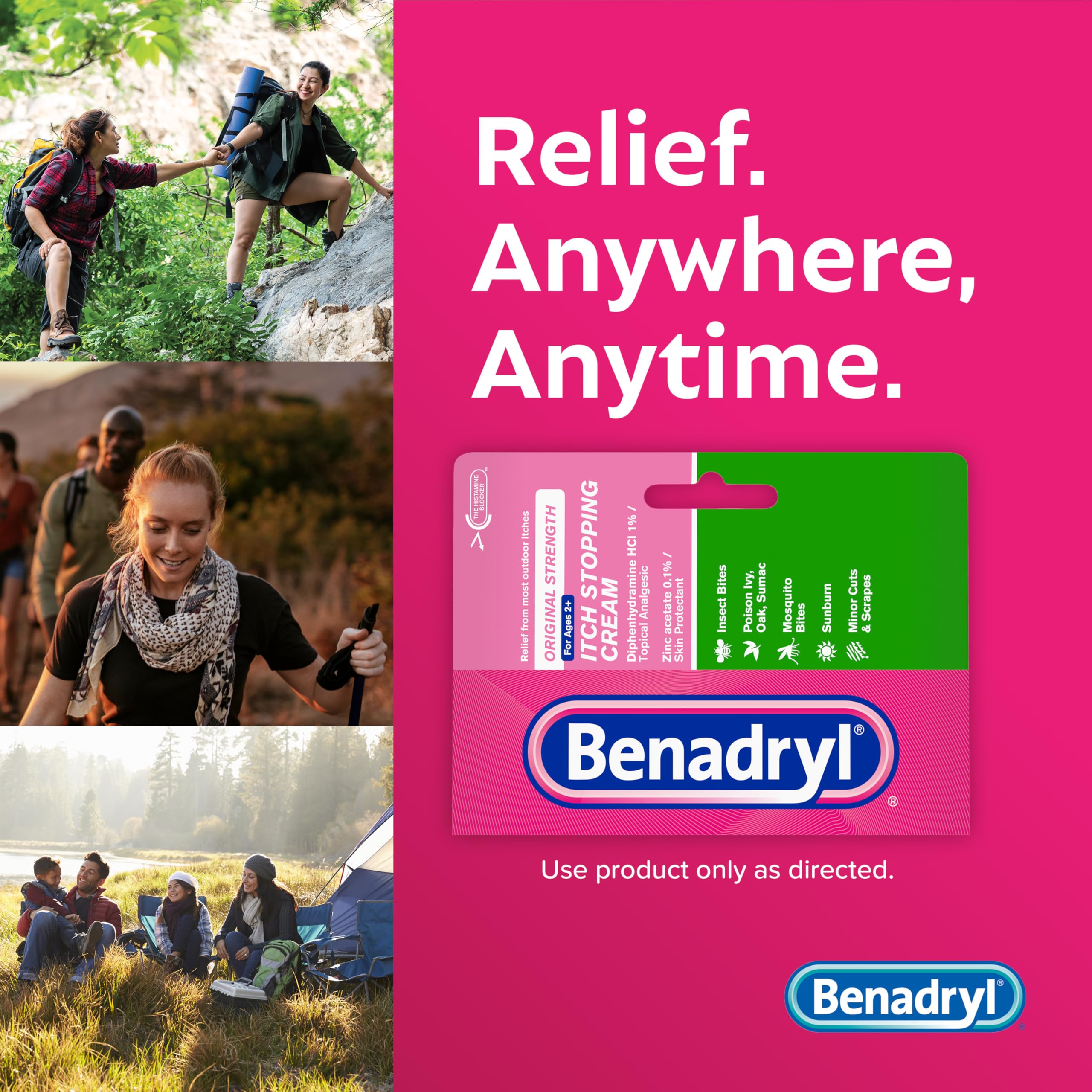 Camping first aid kit with Benadryl anti-itch cream included