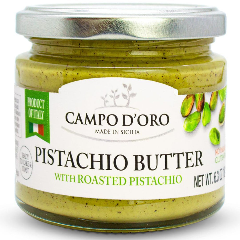 CAMPO D'ORO Pistachio Butter Jar adds rich, nutty flavor to pastries.