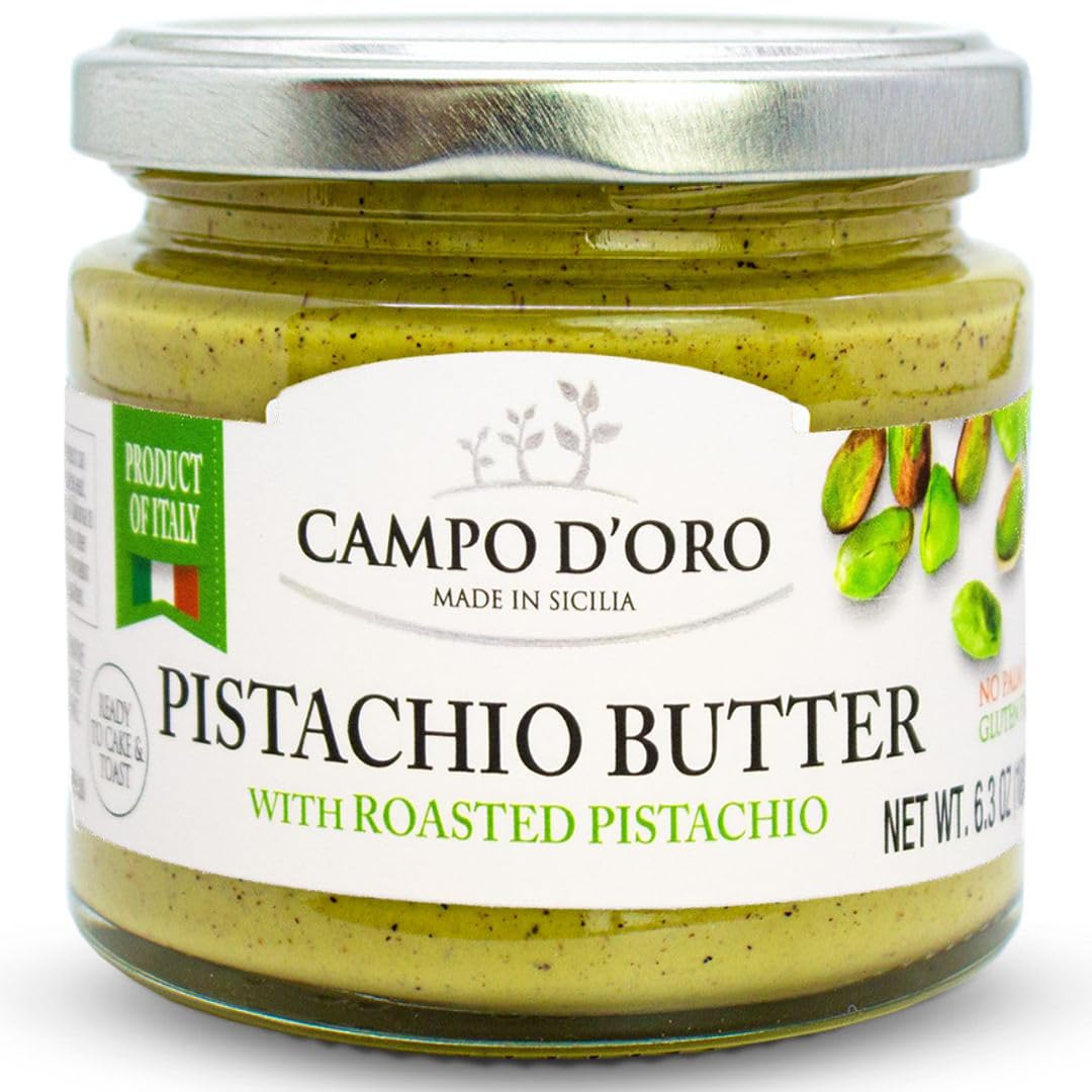 CAMPO D'ORO Pistachio Butter Jar adds rich, nutty flavor to pastries.