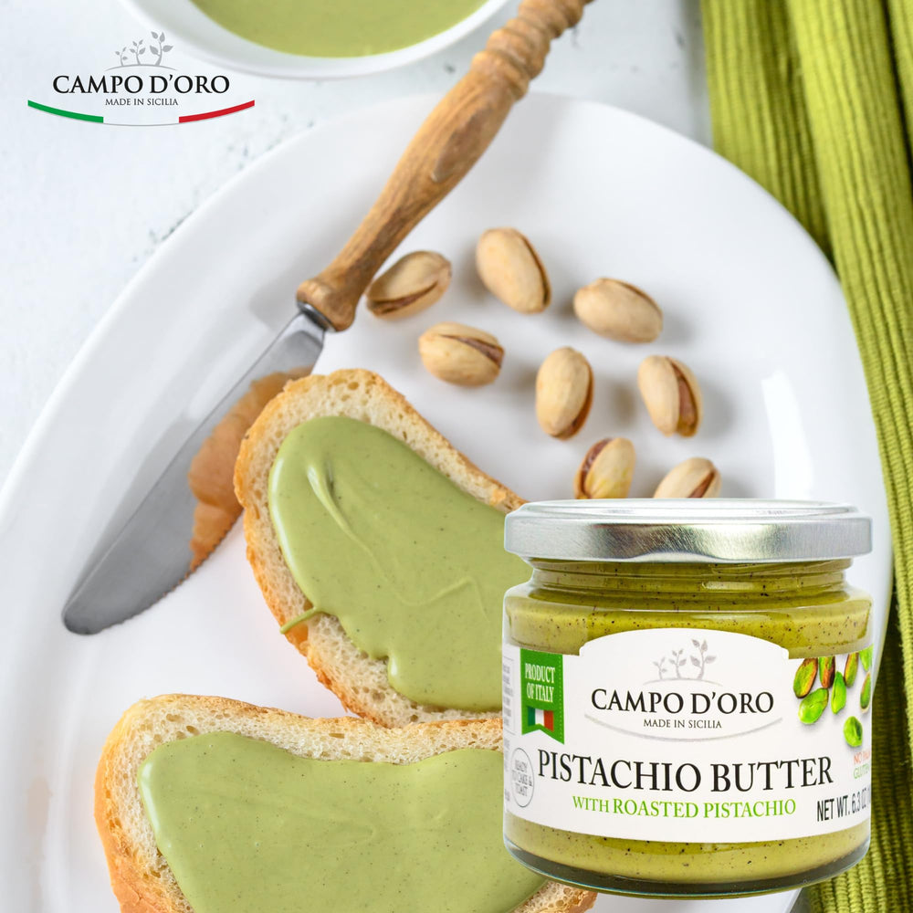 CAMPO D'ORO Pistachio Spread pairs with Dubai Pistachio Chocolate Bar for a luxurious bite.