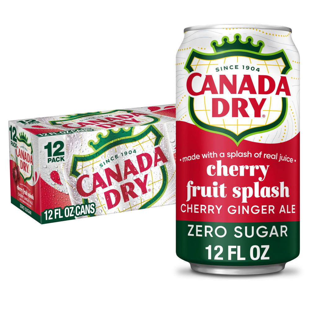 Canada Dry Fruit Splash Cherry Ginger Ale can on ice for a refreshing moment.
