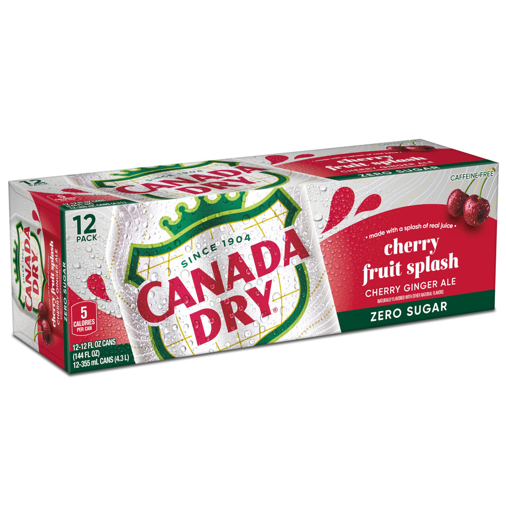 Canada Dry Fruit Splash Cherry Ginger Ale label highlights real juice.