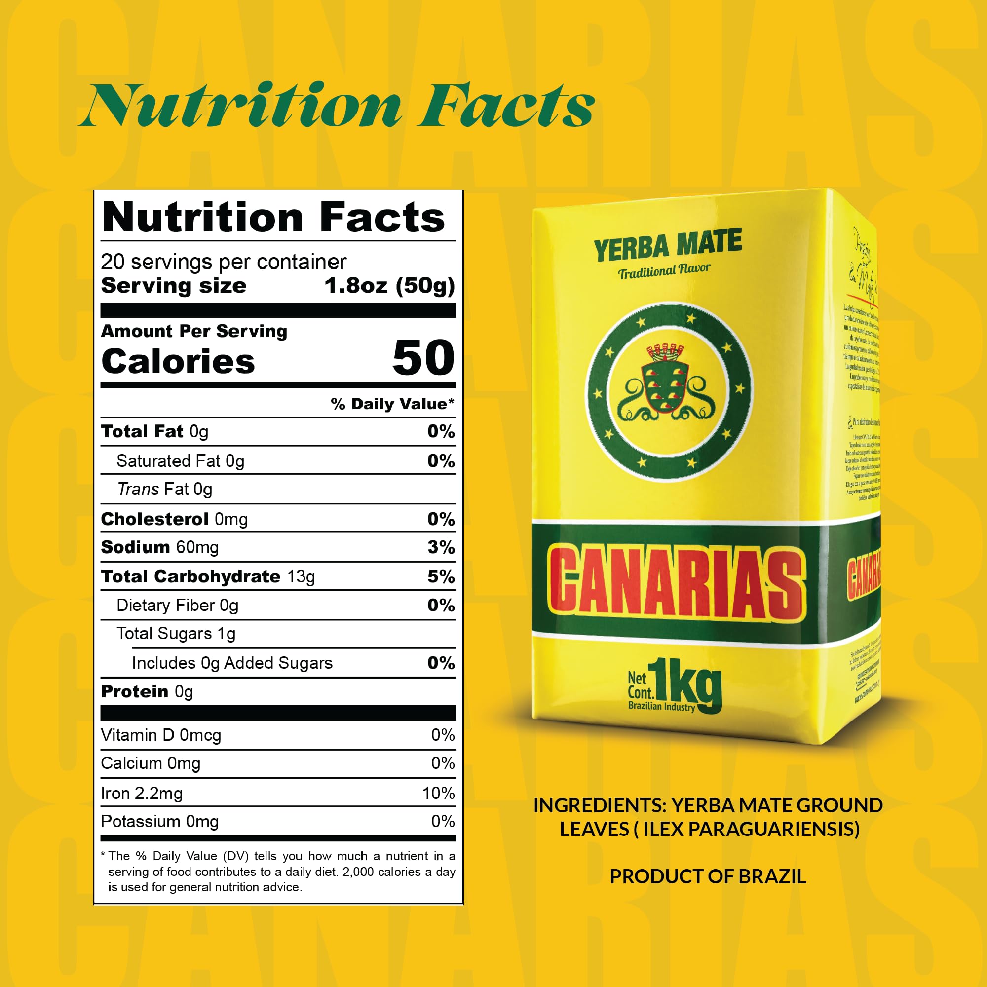 Canarias Yerba Mate ground leaf without stems yields a dense, potent infusion.