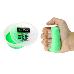 CanDo Theraputty Plus green 2 oz container for at-home hand exercises and rehab.
