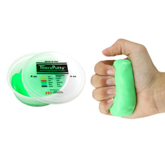 CanDo TheraPutty Plus green container close-up for hand strengthening exercises.