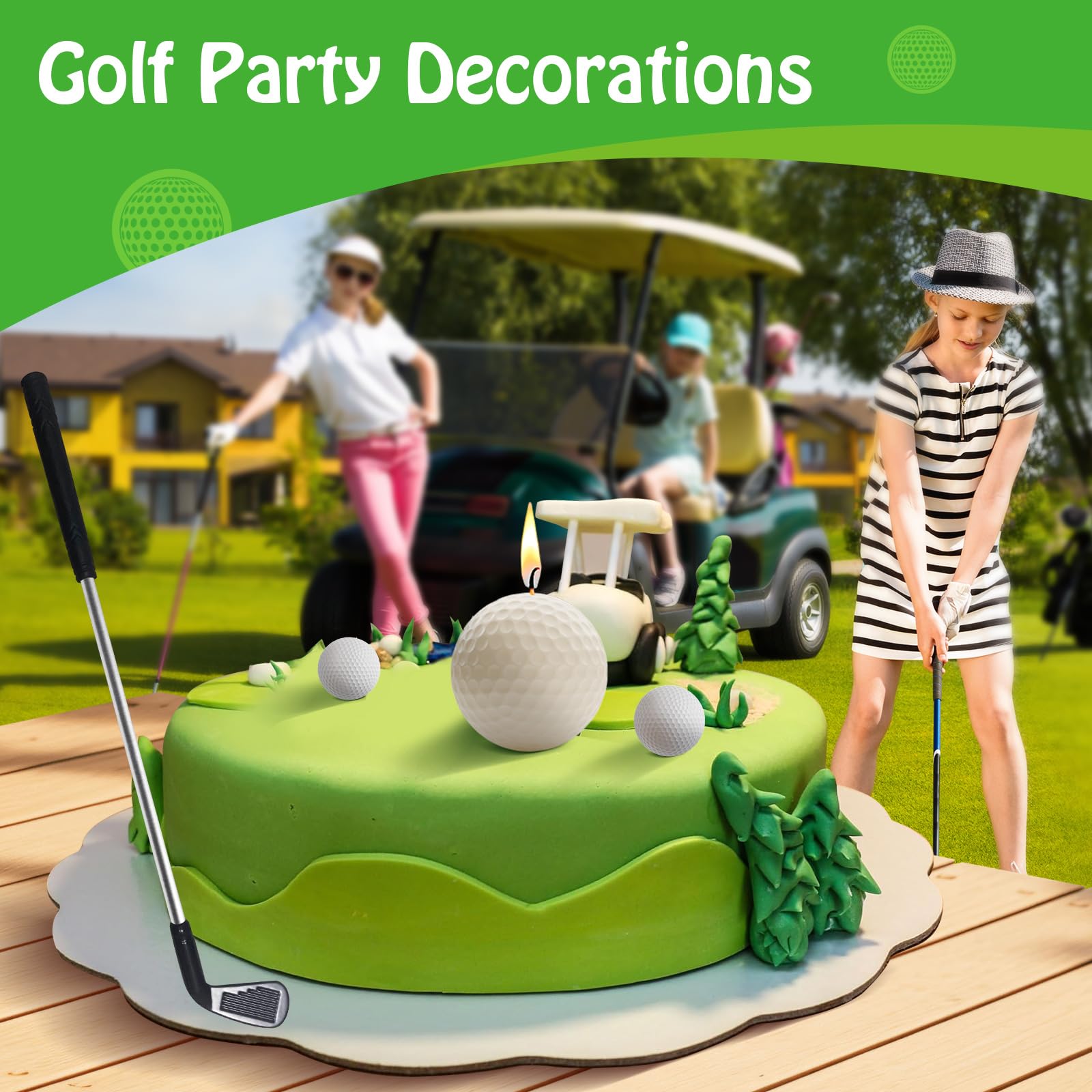 Candoll golf party table setup with coordinated candles and clubs