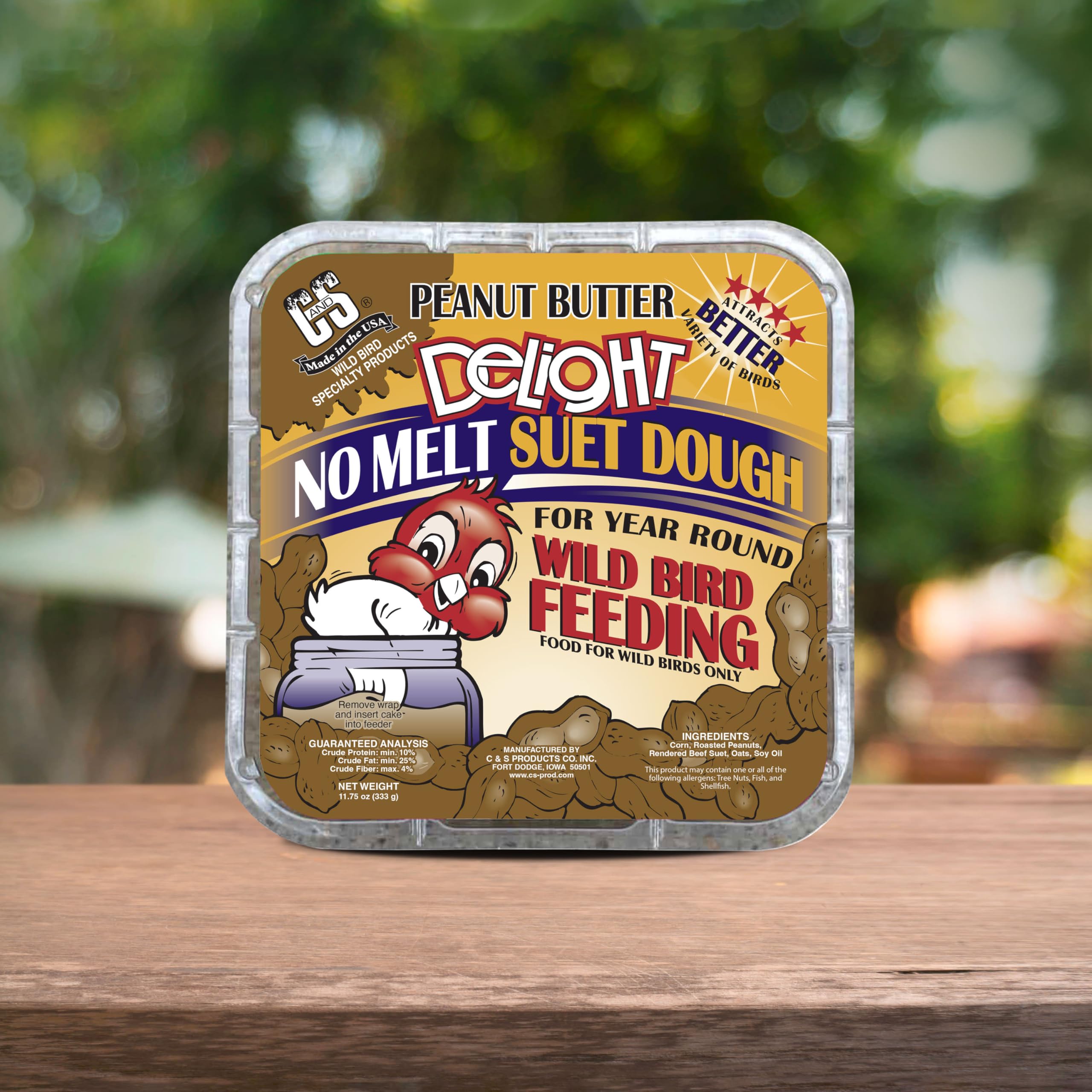 C&S Made in USA label on Peanut Butter Delight No Melt Suet Dough.