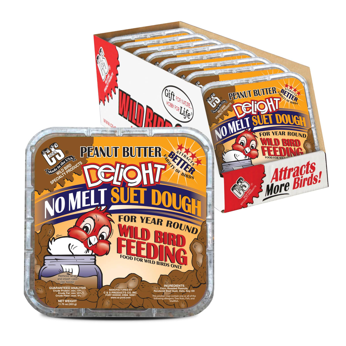 C&S Peanut Butter Delight No Melt Suet Dough eight-pack front view ready for feeding.