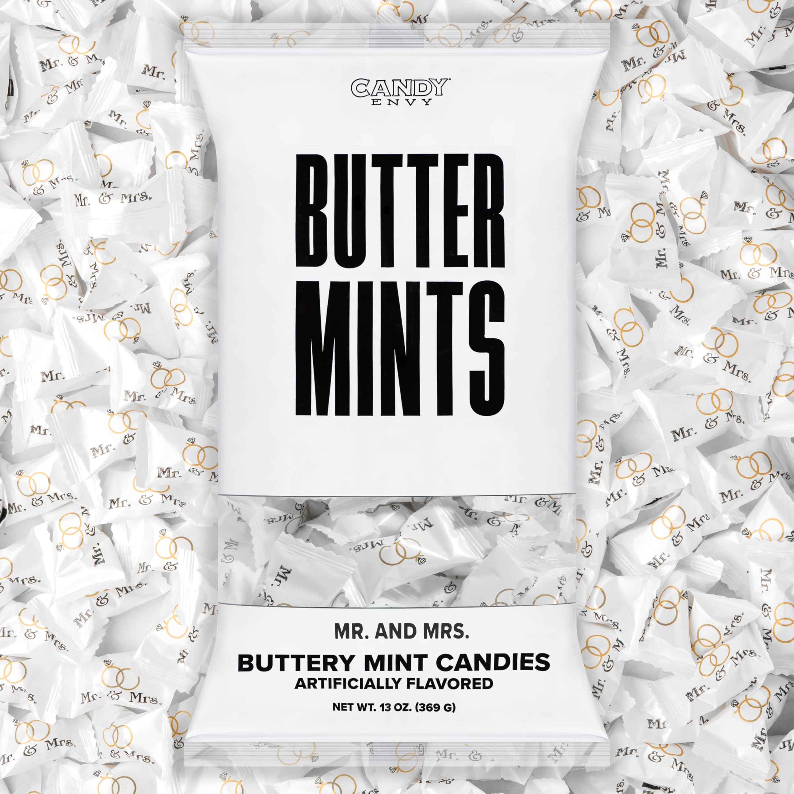 Candy Envy Mr. Mrs. Buttermints bag showing melt-in-your-mouth texture for wedding receptions