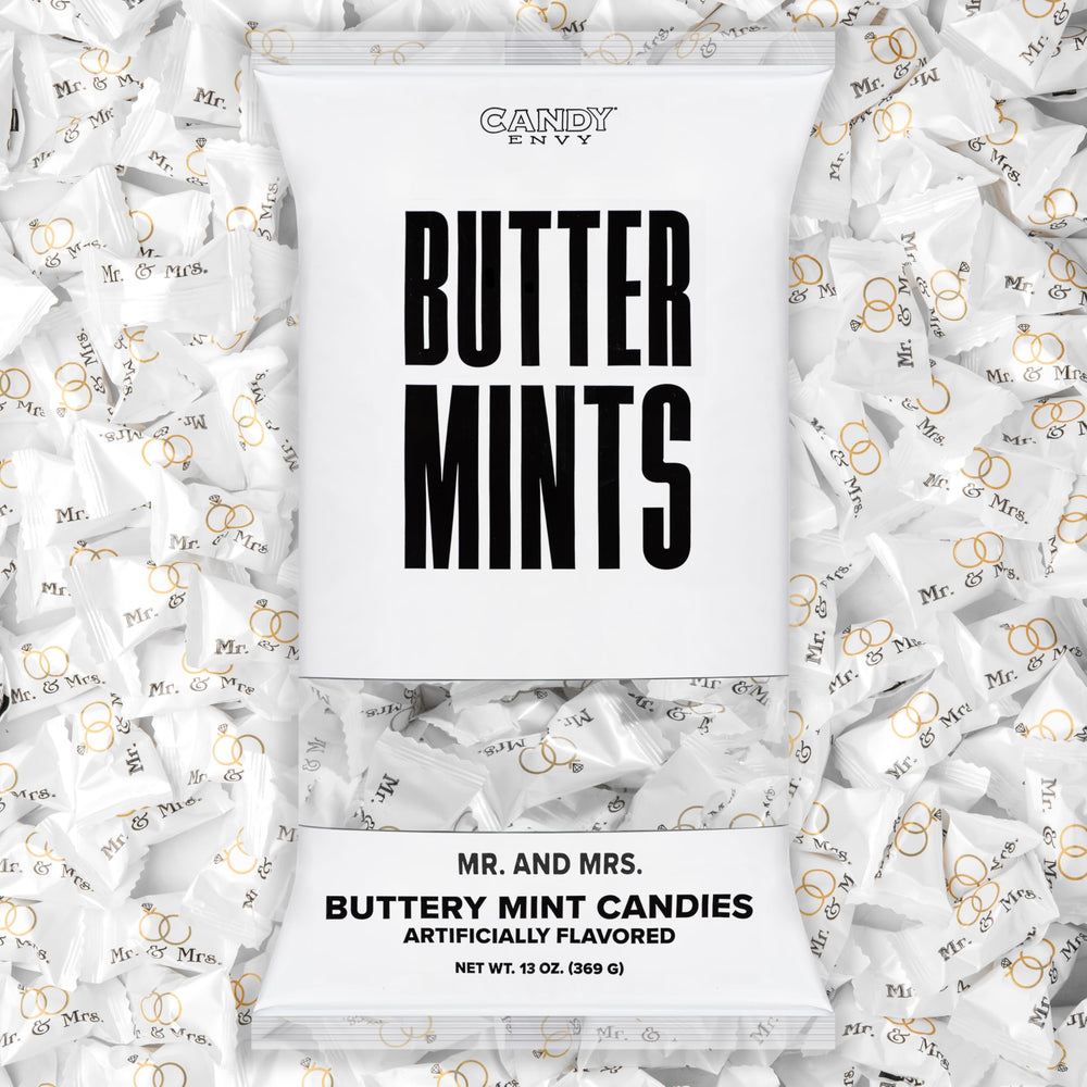 Candy Envy Mr. Mrs. Buttermints bag showing melt-in-your-mouth texture for wedding receptions