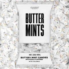 Candy Envy Mr. Mrs. Buttermints bag showing melt-in-your-mouth texture for wedding receptions