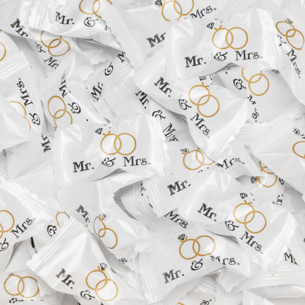 Candy Envy Mr. Mrs. Buttermints wedding favors image featuring 13 oz bag ready for guests